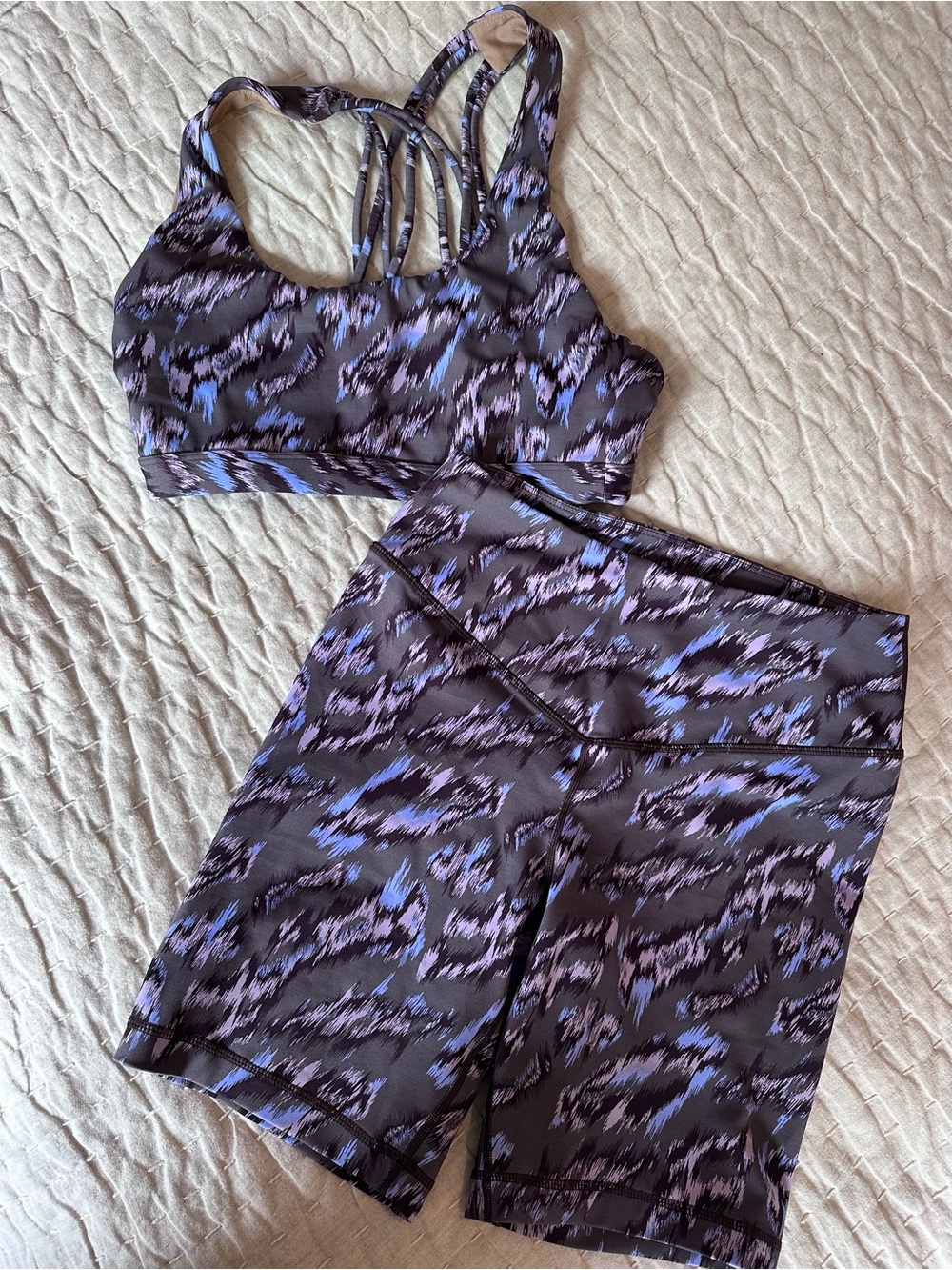 L'URV Purple Patterned Strappy Sports Bra and Matching Bike Shorts